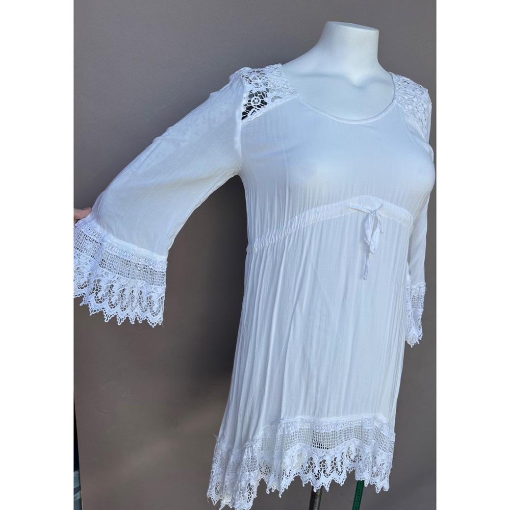Mlle Gabrielle Dress M 3/4 Sleeve Tie Waist Crocheted Trim‎ Boho Coastal Fairy - Picture 14 of 14
